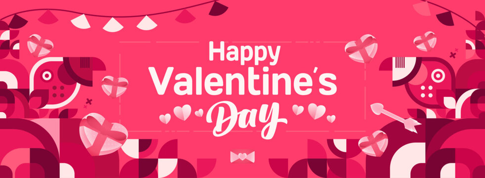 Valentine's day banner with cheerful ornaments. Floating hearts, love messages, gift boxes, cupid's arrows and romantic decorations for seasonal shopping, valentine's day sales, discount promotions