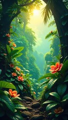 Vibrant Tropical Flowers Blooming in Lush Jungle Sunlight Untamed Beauty and Natural Abundance
