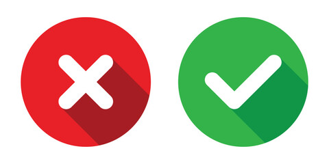 Correct and wrong icons signs, flat round buttons. green and red colors tick and cross icons. Correct and wrong symbol stickers. Vector illustration.