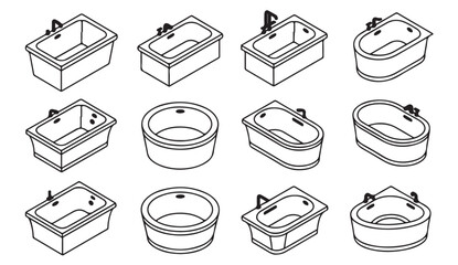 Set of black line bathtub icons representing home bathroom design, sanitation, and interior concept illustration
