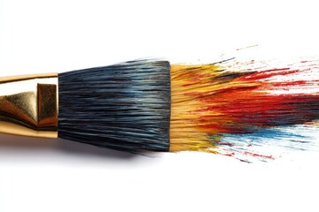 Fototapeta premium Paintbrush dripping colorful paint onto white paper creating art
