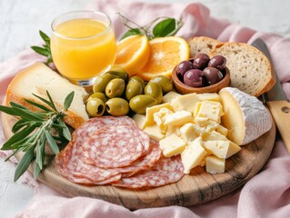 Delicious cheese and salami platter with orange juice on table
