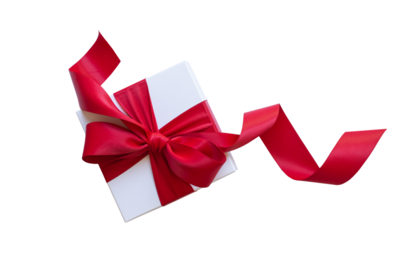 Dynamic of white gift box with red stream ribbon bow for decoration advertising template design.Anniversary celebration and special day