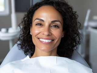 Happy woman in dental office wearing dental bib during daytime