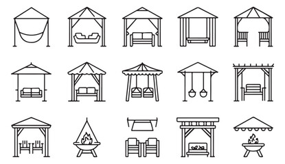 Modern outline vector illustrations of gazebo and swing designs for patio, terrace, and outdoor architecture themes
