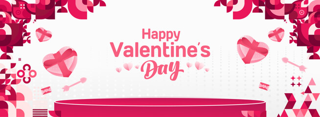 Valentine's day banner with cheerful ornaments. Floating hearts, love messages, gift boxes, cupid's arrows and romantic decorations for seasonal shopping, valentine's day sales, discount promotions