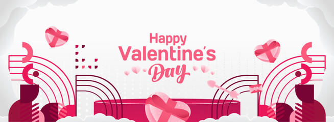 Valentine's day banner with cheerful ornaments. Floating hearts, love messages, gift boxes, cupid's arrows and romantic decorations for seasonal shopping, valentine's day sales, discount promotions