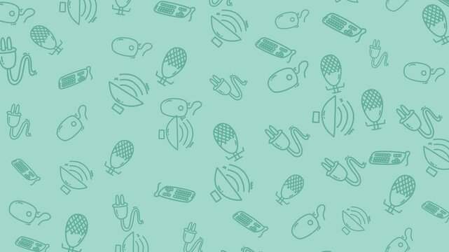 Doodle technology pattern with microphones, keyboards, speakers, and computer mice. Ideal for tech related designs, backgrounds, and creative projects