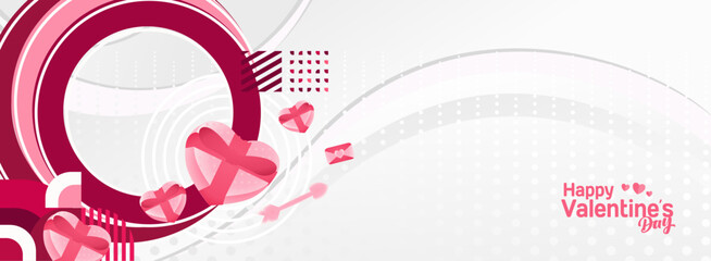 Valentine's day banner with cheerful ornaments. Floating hearts, love messages, gift boxes, cupid's arrows and romantic decorations for seasonal shopping, valentine's day sales, discount promotions