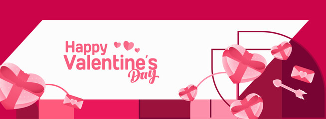 Valentine's day banner with cheerful ornaments. Floating hearts, love messages, gift boxes, cupid's arrows and romantic decorations for seasonal shopping, valentine's day sales, discount promotions