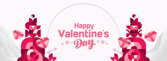 Valentine's day banner with cheerful ornaments. Floating hearts, love messages, gift boxes, cupid's arrows and romantic decorations for seasonal shopping, valentine's day sales, discount promotions