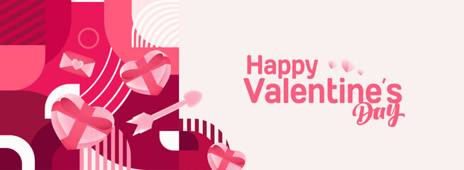 Valentine's day banner with cheerful ornaments. Floating hearts, love messages, gift boxes, cupid's arrows and romantic decorations for seasonal shopping, valentine's day sales, discount promotions