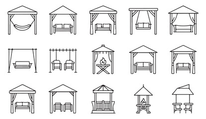 Outline gazebo and patio furniture icon set featuring hammocks, swings, and canopy seats for garden and outdoor design