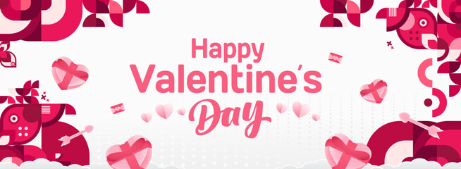 Valentine's day banner with cheerful ornaments. Floating hearts, love messages, gift boxes, cupid's arrows and romantic decorations for seasonal shopping, valentine's day sales, discount promotions