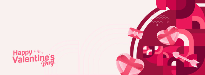 Valentine's day banner with cheerful ornaments. Floating hearts, love messages, gift boxes, cupid's arrows and romantic decorations for seasonal shopping, valentine's day sales, discount promotions