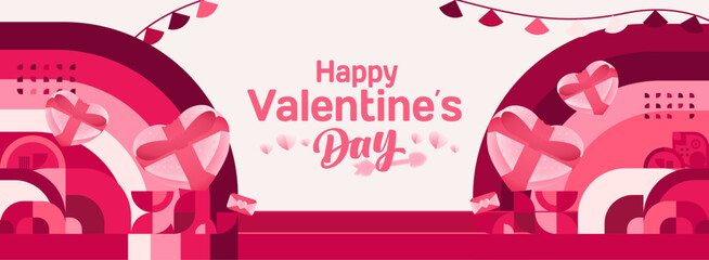 Valentine's day banner with cheerful ornaments. Floating hearts, love messages, gift boxes, cupid's arrows and romantic decorations for seasonal shopping, valentine's day sales, discount promotions