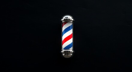 Barber shop pole against black backdrop with red white and blue stripes
