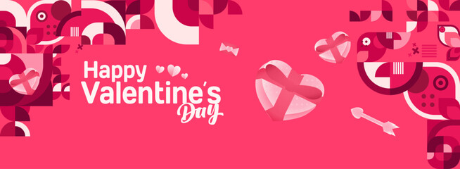 Valentine's day banner with cheerful ornaments. Floating hearts, love messages, gift boxes, cupid's arrows and romantic decorations for seasonal shopping, valentine's day sales, discount promotions