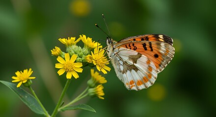 Obraz premium Butterfly perched on yellow flower with green background in natural environment