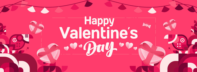 Valentine's day banner with cheerful ornaments. Floating hearts, love messages, gift boxes, cupid's arrows and romantic decorations for seasonal shopping, valentine's day sales, discount promotions