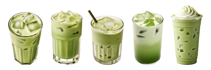 Matcha latte iced in a glass isolated