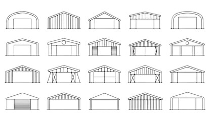 Minimalist line icons of garages, warehouses, and storage buildings for construction, real estate, and architecture use