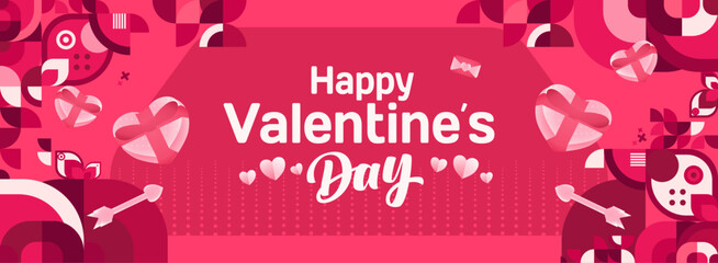 Valentine's day banner with cheerful ornaments. Floating hearts, love messages, gift boxes, cupid's arrows and romantic decorations for seasonal shopping, valentine's day sales, discount promotions