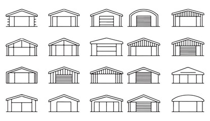 Outline garage and warehouse icon set showing various building styles, doors, and roof types in linear vector design