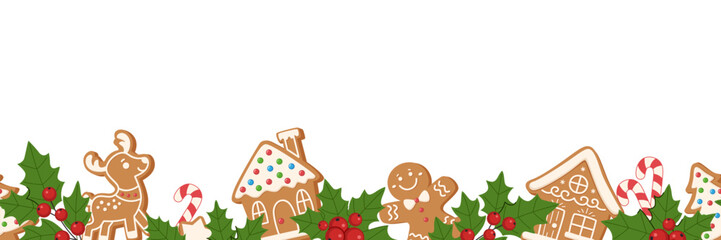 Seamless border with gingerbread cookies, holly and candy canes on white background. Cute festive illustration for Christmas packaging, decor and holiday stationery.