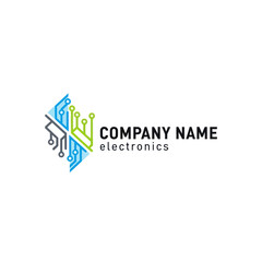 Modern electronics company logo design with circuit board elements and company name.