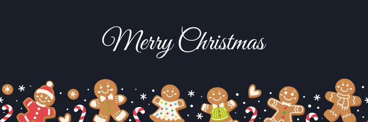 Seamless Christmas border with gingerbread men, candy canes and snowflakes on dark background and Merry Christmas text. Festive winter illustration for cards and wrapping paper.
