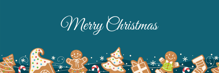 Gingerbread men and houses seamless border with snowflakes and candy canes. on blue background with Merry Christmas text. Perfect for greeting cards and winter holiday decor.