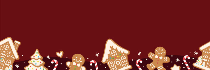 Seamless border with gingerbread men and houses, candy canes and snowflakes on red background. Festive Christmas design for packaging, textile and seasonal decoration.