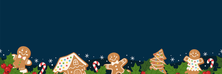 Seamless Christmas border with gingerbread cookies, houses, candy canes and holly on dark blue background. Festive winter design for wrapping paper, greeting cards, holiday decoration.