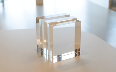 Three clear acrylic blocks stacked together on a white surface, studio lighting
