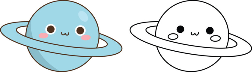 Cute cartoon planet with rings and a black and white outline version for coloring