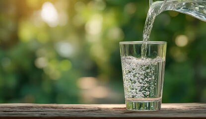 Clear Water Being Poured Into Glass On Wooden Surface Against Blurred Green Foliage Background