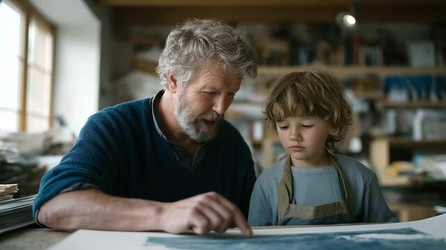 grandfather demonstrating printmaking technique with roller to child ink rolling sound curiosity craft three quarter wide angle cinematic color correction gentle backlight clean