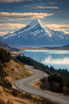 Scenic Winding Road Trip Mount Cook Lake New Zealand
