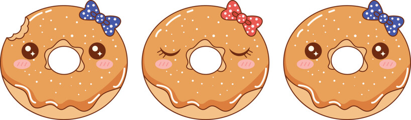Three adorable cartoon donuts with cute faces and bows on a white background