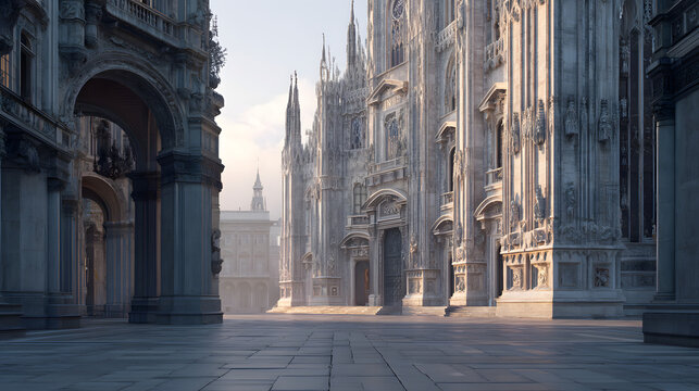 Stunning View of Milan Cathedral with Architectural Details and Morning Light in Historic Cityscape