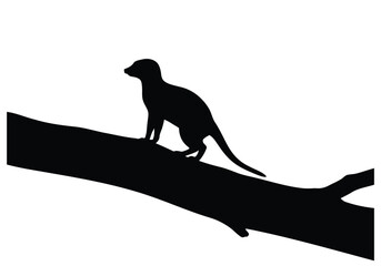 Meerkat Standing on Tree Branch in Silhouette Isolated on White Background