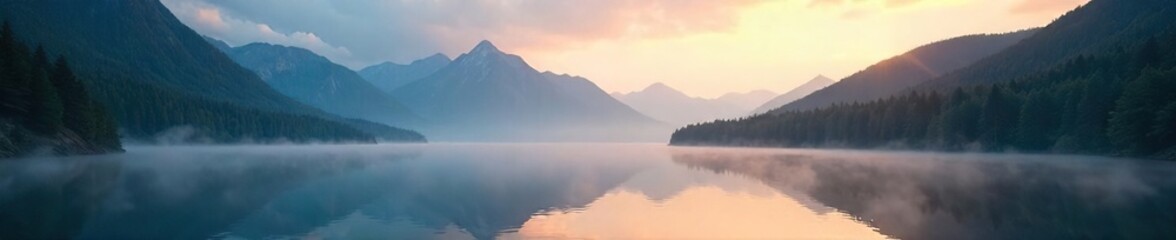 Serene Dawn Mist Over Tranquil Mountain Lake  A Cool and Invigorating Atmosphere at Sunrise, Crisp Air, Peaceful Landscape