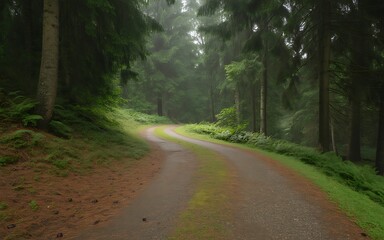 Obraz premium A winding dirt road through a dense, misty forest with tall evergreen trees and lush green undergrowth