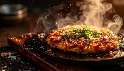 Fototapeta premium Japanese Okonomiyaki on Hot Iron Plate with Steam — Traditional Savory Pancake