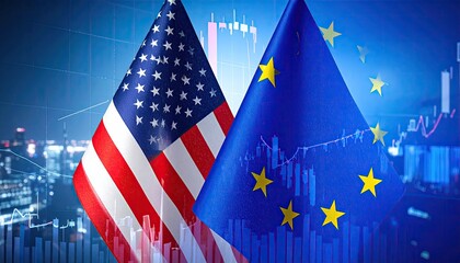 United States Flag and European Union Flag Combined With Financial Graph Overlay Showing Economic Relationship And Global Trade Connections In A Cityscape Background