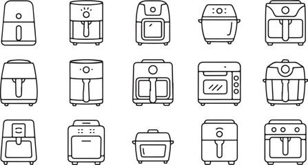 Linear kitchen appliance icon set featuring air fryers, ovens, and cookers for modern home cooking and culinary design projects