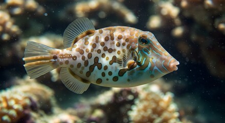 Close up of a colorful tropical fish swimming near coral reefs