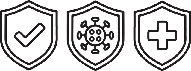 Black line vector illustration of shield icons for healthcare protection, defense, and virus safety design projects