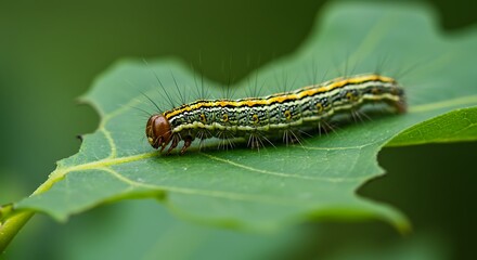 Fototapeta premium Caterpillar on green leaf close up of insect in natural environment